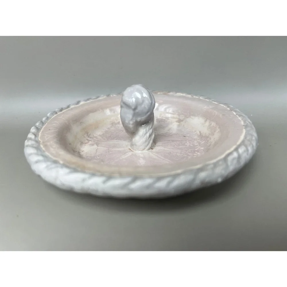 Beige Trinket Dish Knot Decor Ring‎ Holder Handmade Pottery Vanity Jewelry 4.5